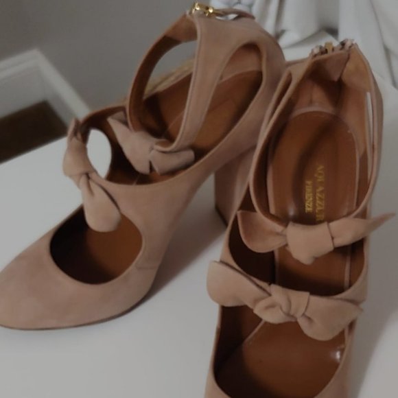 Authentic designer Aquazzura Sandy Pump Block Heel Suede Bows tan beige  7.5 - Picture 6 of 10